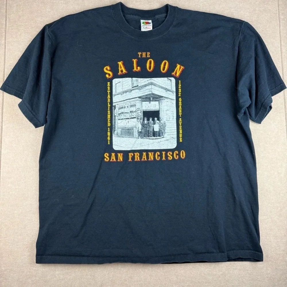 Vintage San Francisco Saloon Tee Mens 2XL Black Bar Pub Graphic USA Fabric Shirt